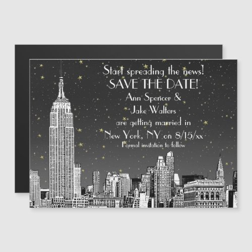NYC Skyline 01 Etched Black Starry Save the Date Magnetic Invitation