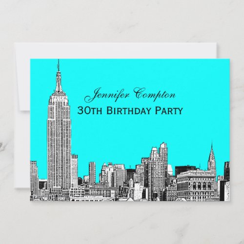 NYC Skyline 01 Etched DIY BG Color Birthday Party Invitation