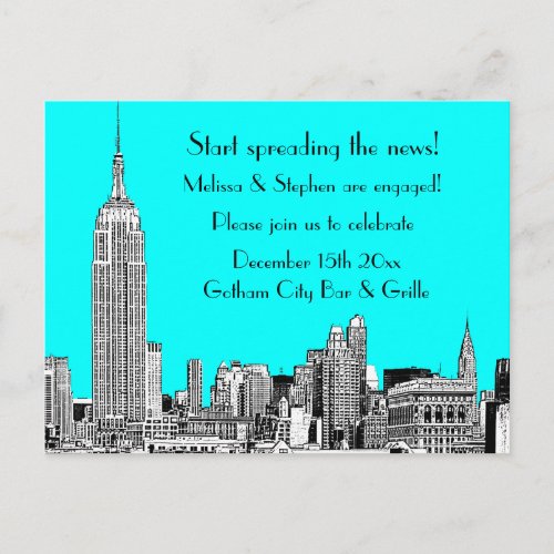 NYC Skyline 01 Etched DIY BG Color Engagement 2 Announcement Postcard