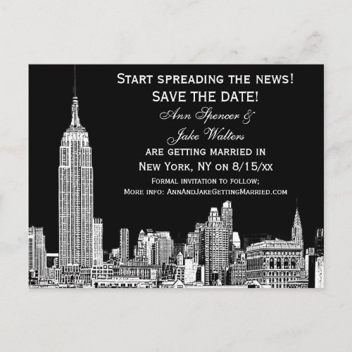 NYC Skyline 01 Etched DIY BG Color Save the Date Announcement Postcard