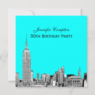 NYC Skyline 01 Etched DIY BG Color SQ Birthday Pty Invitation