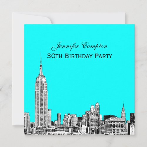 NYC Skyline 01 Etched DIY BG Color SQ Birthday Pty Invitation