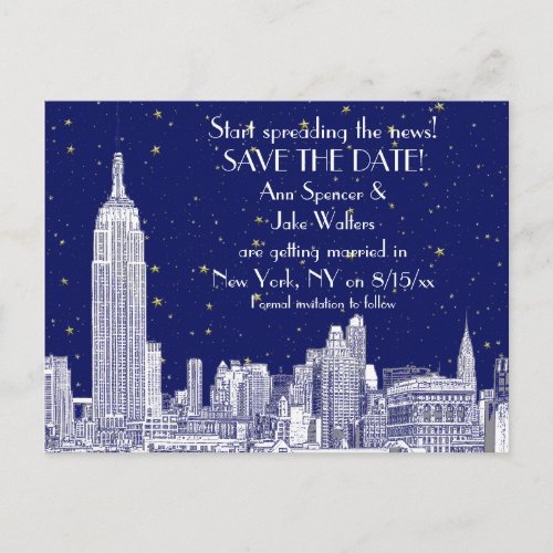 NYC Skyline 01 Etched DIY BG Starry Save the Date Announcement Postcard
