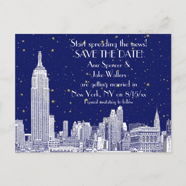 NYC Skyline 01 Etched DIY BG Starry Save the Date Announcement Postcard (Front)
