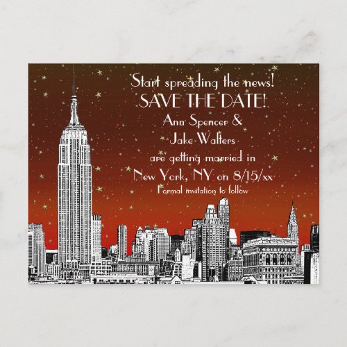 NYC Skyline 01 Etched Red Starry Save the Date Announcement Postcard