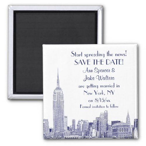NYC Skyline 01 Etched Save the Date Blue Magnet