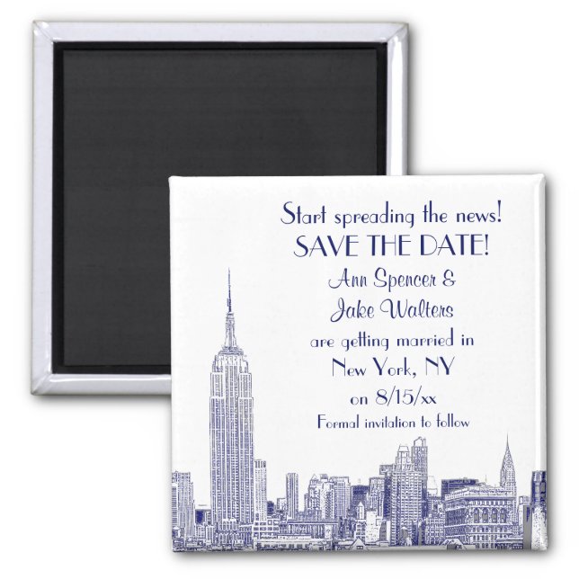 NYC Skyline 01 Etched Save the Date Blue Magnet (Front)