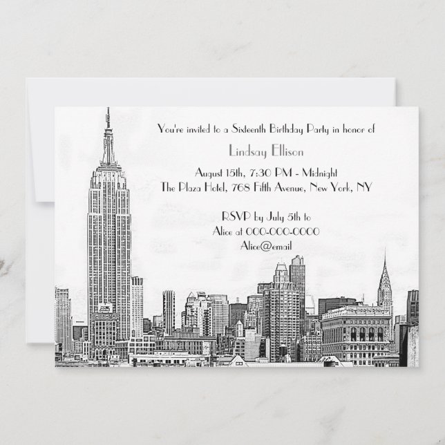 NYC Skyline 01 Etched Sweet 16 Party Invitation (Back)