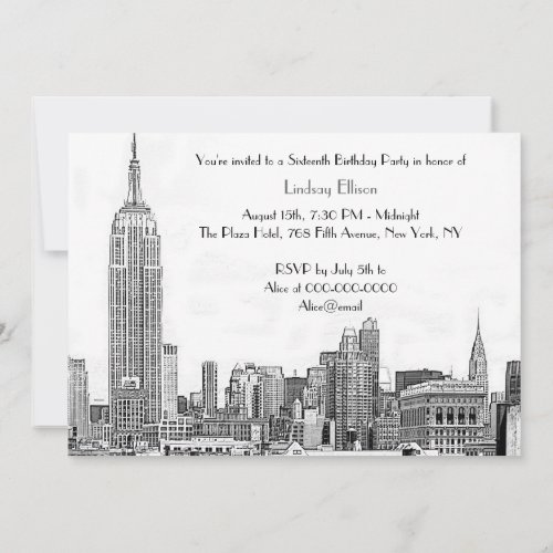 NYC Skyline 01 Etched Sweet 16 Party Invitation