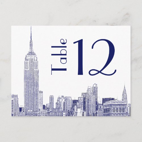 NYC Skyline 01 Etched Table Number Card Blue