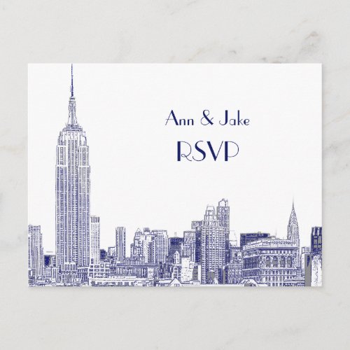 NYC Skyline 01 Etched White RSVP 1Blue Invitation Postcard
