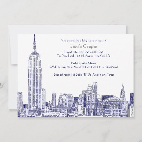 NYC Skyline 01 Etched Wht Baby Shower Blue Invitation