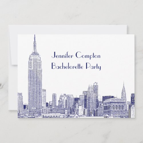 NYC Skyline 01 Etched Wht Bachelorette Party Blue Invitation