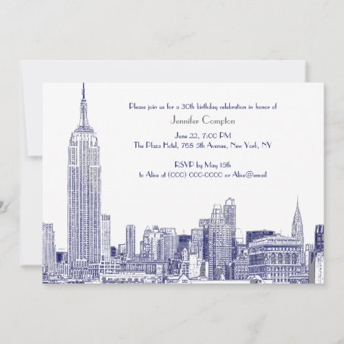 NYC Skyline 01 Etched Wht Birthday Party Blue Invitation