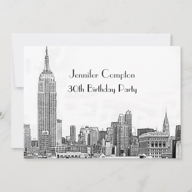 NYC Skyline 01 Etched Wht Birthday Party Invitation (Front)