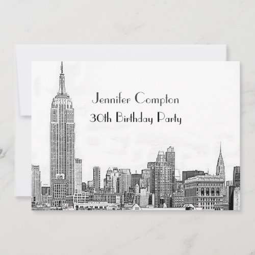 NYC Skyline 01 Etched Wht Birthday Party Custom Invites