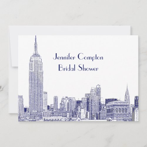 NYC Skyline 01 Etched Wht Bridal Shower Blue Invitation