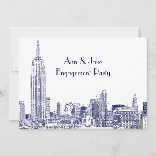 NYC Skyline 01 Etched Wht Engagement Party Blue Invitation (Front)