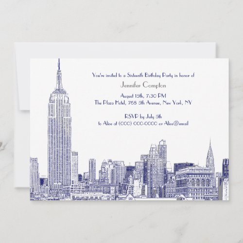 NYC Skyline 01 Etched Wht Sweet 16 Party Blue Invitation