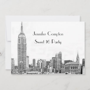 NYC Skyline 01 Etched Wht Sweet 16 Party Invitation