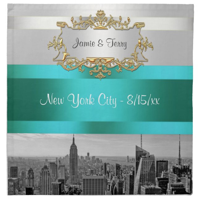 NYC Skyline 05: White, Teal Cloth Napkins (Front)