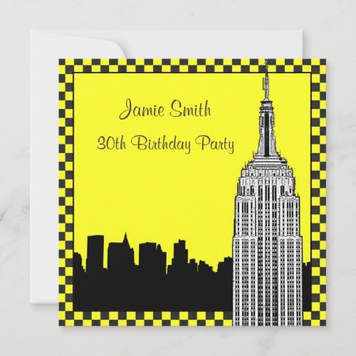 NYC Skyline 2 Etched ESB Checkered Taxi Birthday Invitation