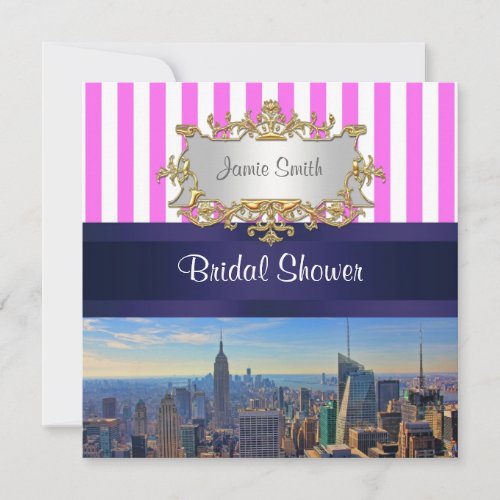 NYC Skyline B2 Pink White Stripe Bridal Shower Invites