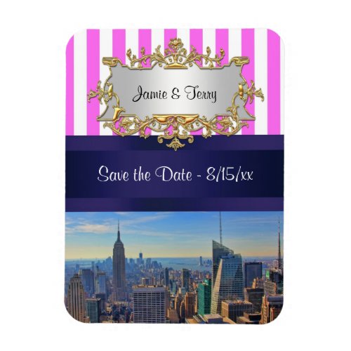 NYC Skyline B2 Pink White Stripe Save the Date Magnet