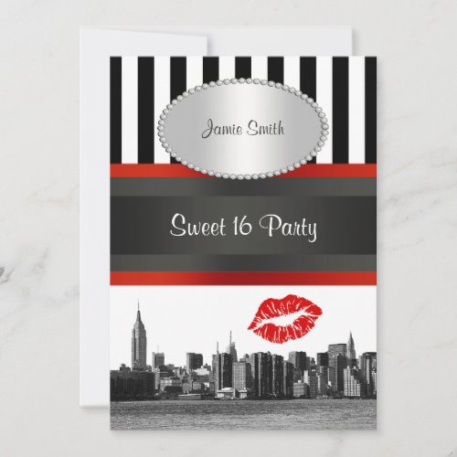 NYC Skyline Bk Wht Strp Red Kiss Sweet 16 Party Invitation