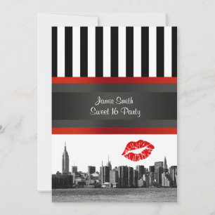 NYC Skyline Bk Wht Strp Red Kiss Sweet 16 Party Invitation