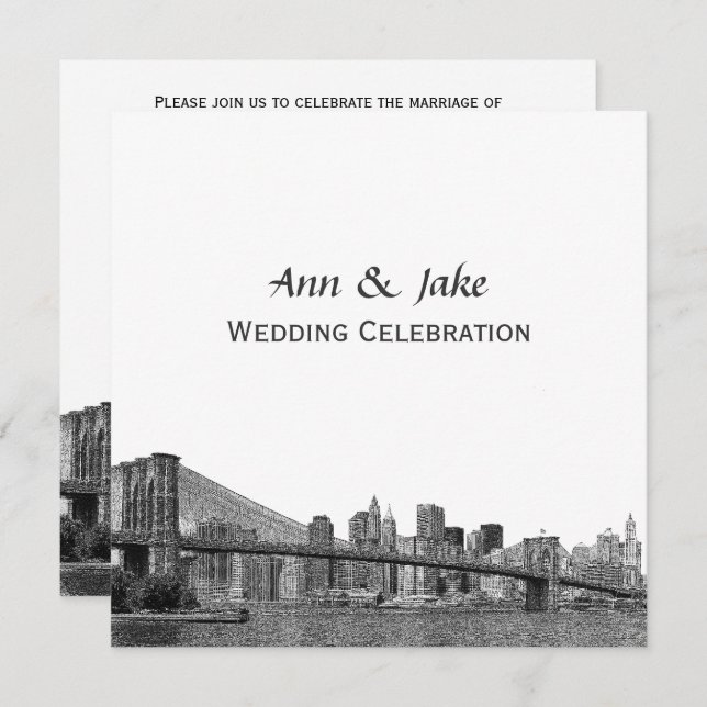 NYC Skyline Bklyn Bridge Etched #2SQ Wedding Invitation (Front/Back)