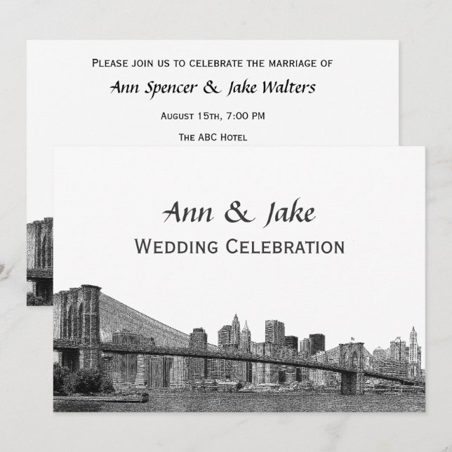 NYC Skyline Bklyn Bridge Etched #2SQH Wedding Invitation (Front/Back)