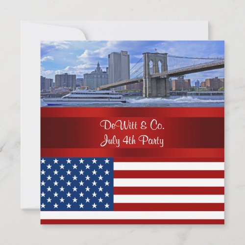 NYC Skyline Bklyn Bridge USA Flag Red W Blue Party Invitation