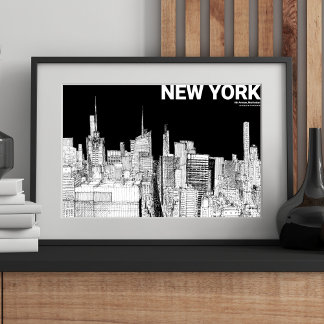 NYC Skyline Black White Matte Sketch Poster