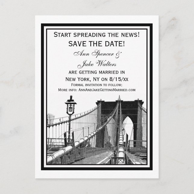 NYC Skyline Brooklyn Bridge #2 Save the Date Announcement Postcard (Front)