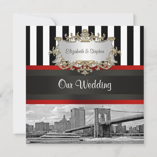 NYC Skyline Brooklyn Bridge Blk White Wedding Invitations