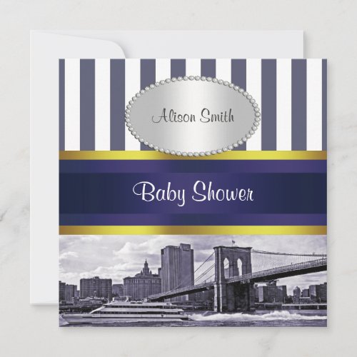 NYC Skyline Brooklyn Bridge Blue White Baby Shower Personalized Announcement