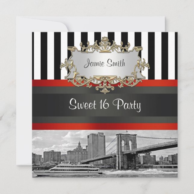 NYC Skyline Brooklyn Bridge Boat 2 Sweet 16 Invite (Front)