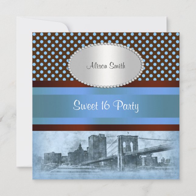 NYC Skyline Brooklyn Bridge Boat 4 Sweet 16 Invitation (Front)