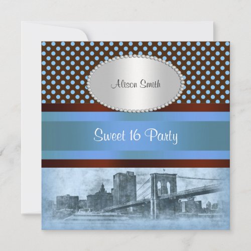 NYC Skyline Brooklyn Bridge Boat 4 Sweet 16 Invitations