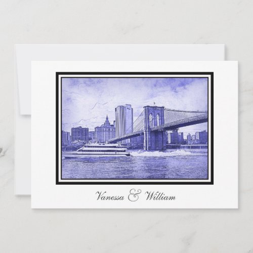 NYC Skyline Brooklyn Bridge Boat Blu Etchd Wedding Invitation