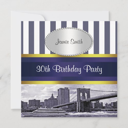 NYC Skyline Brooklyn Bridge Boat Blue Wt Birthday Invitation