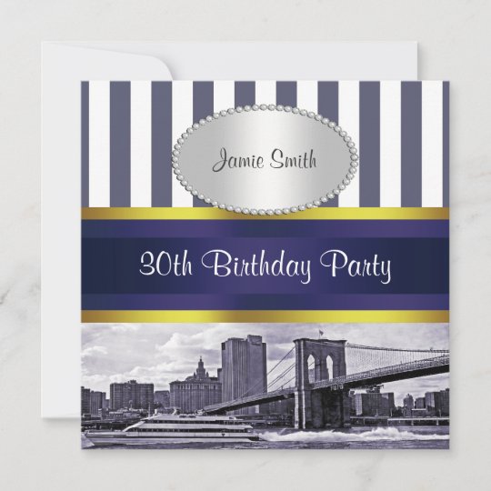 NYC Skyline Brooklyn Bridge, Boat Blue Wt Birthday Invitation