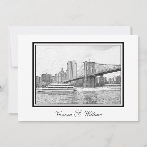 NYC Skyline Brooklyn Bridge Boat BW Etchd Wedding Invitation