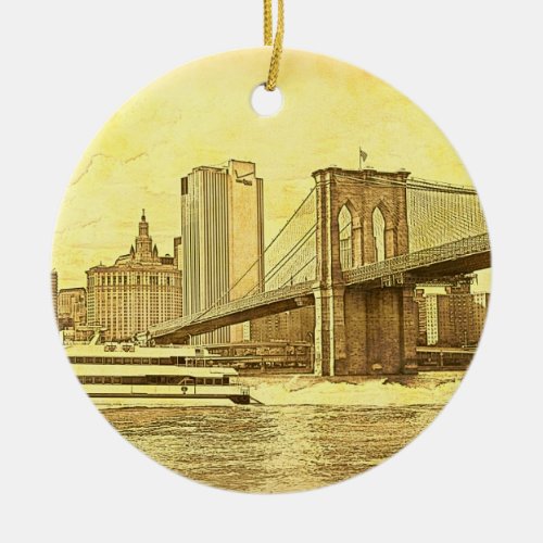 NYC Skyline Brooklyn Bridge Boat Etched Look 1 Ceramic Ornament