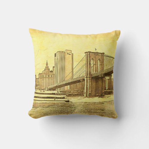 NYC Skyline Brooklyn Bridge Boat Etched Look 1 Throw Pillow
