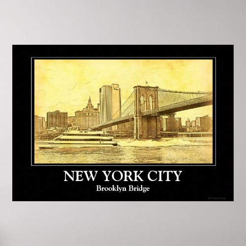 NYC Skyline Brooklyn Bridge Boat Etched Look 1BR Poster