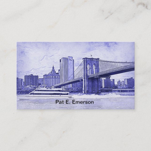 NYC Skyline Brooklyn Bridge Boat Etched Look #2 Business Card (Front)