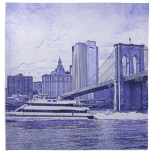 NYC Skyline Brooklyn Bridge Boat Etched Look #2 Napkin