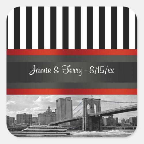 NYC Skyline Brooklyn Bridge Boat Invitation Suite Square Sticker